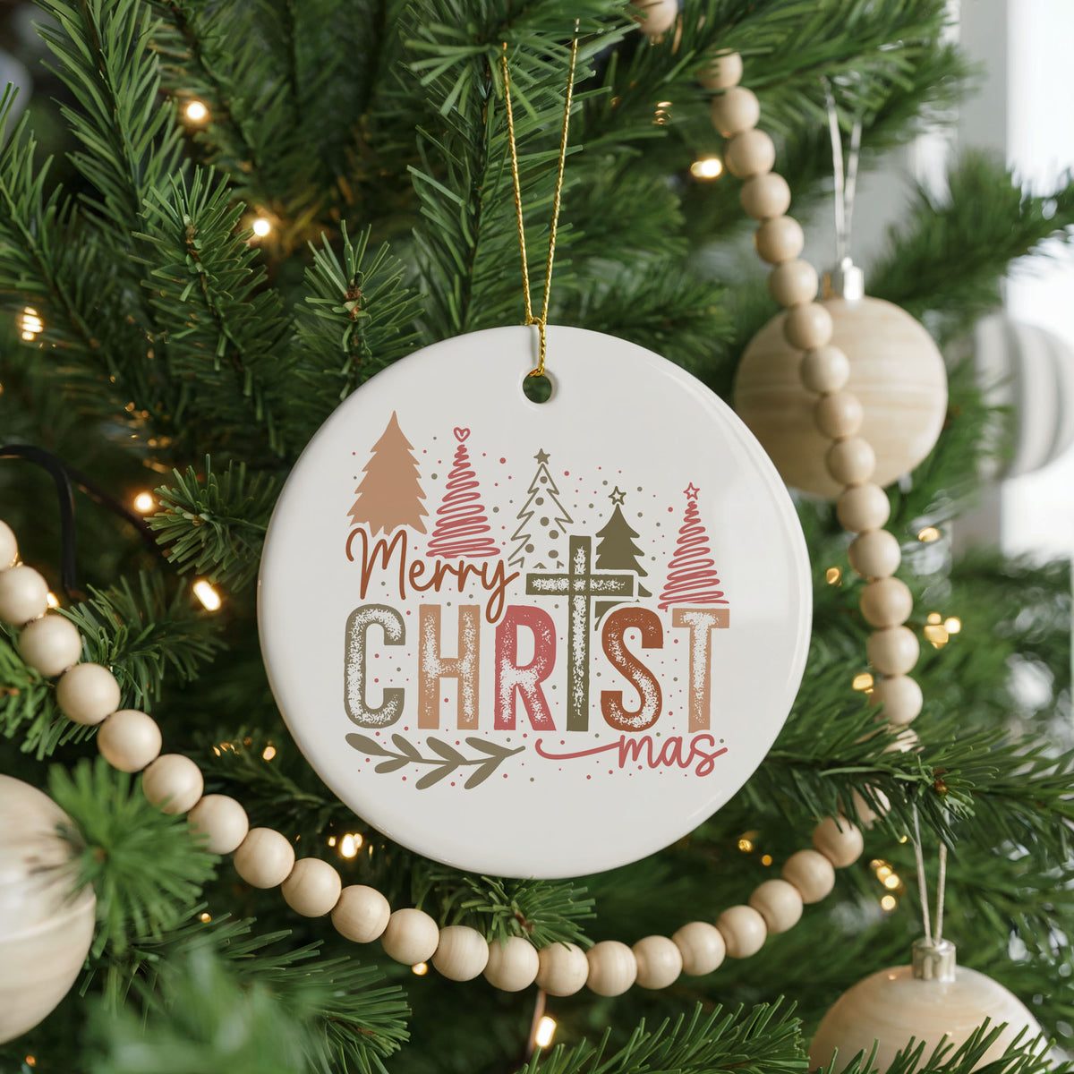 Personalized Merry Christmas ornament, pastel winter village, front view
