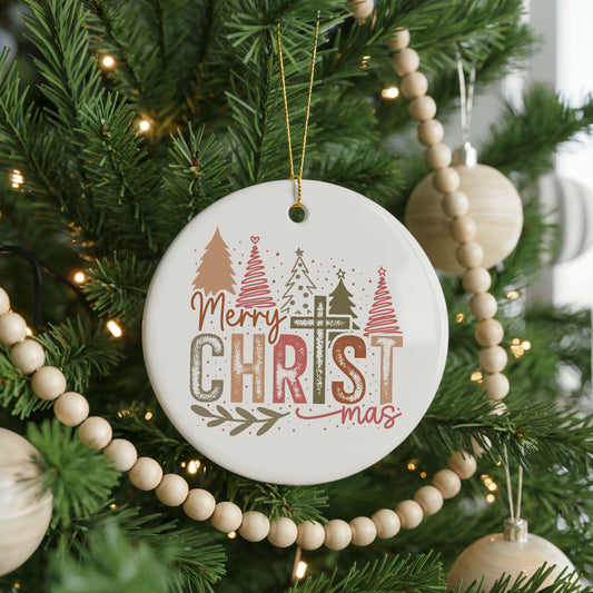 Personalized Merry Christmas ornament, pastel winter village, front view