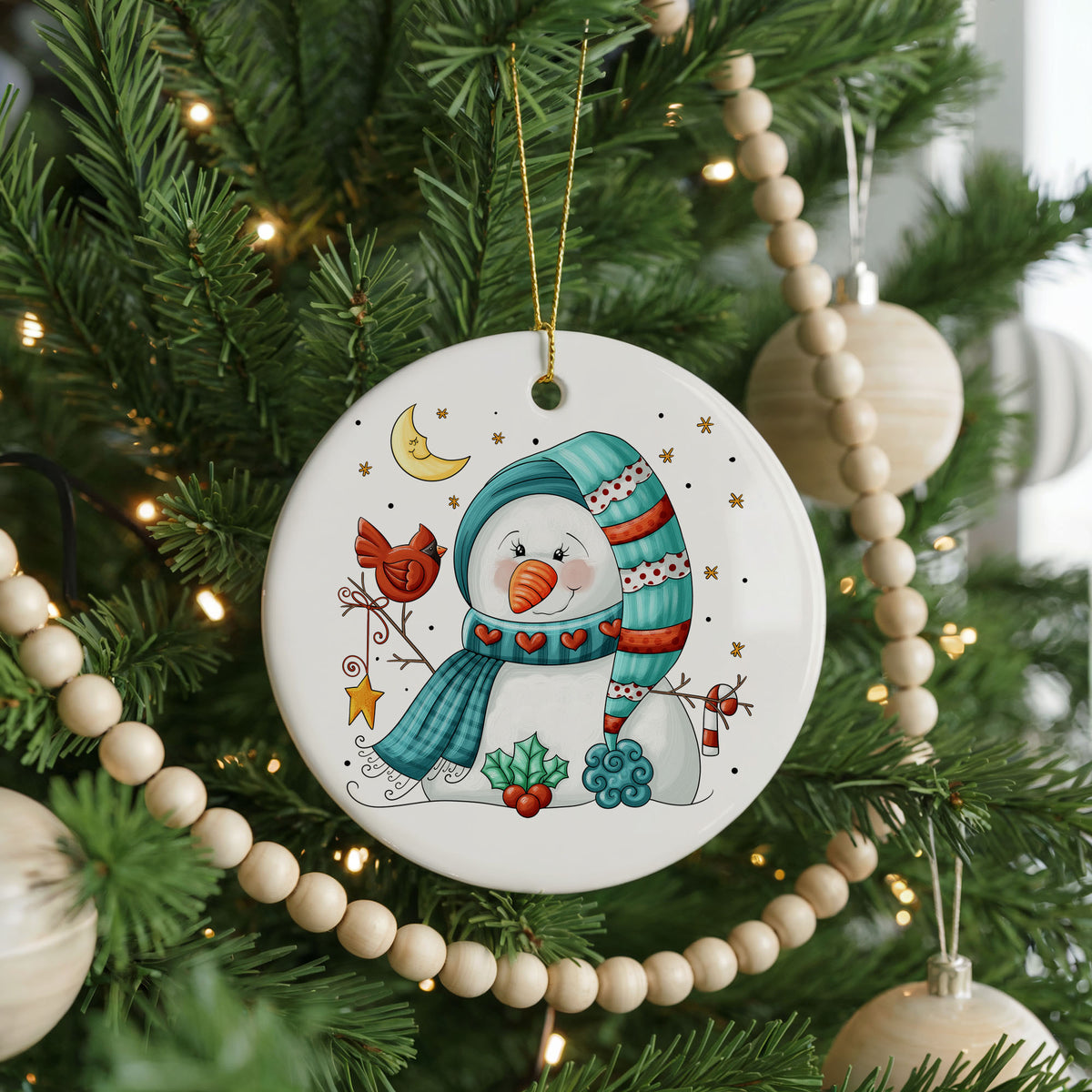 Personalized Snowman Christmas ornament, red cardinal, front view