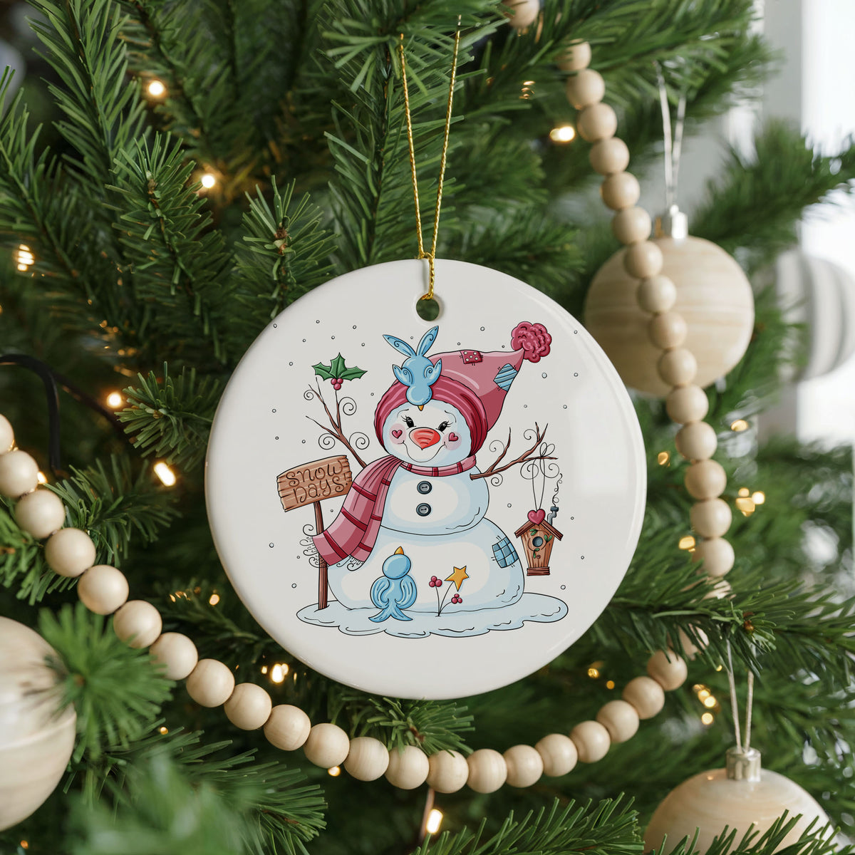 Personalized Snowman Christmas ornament, snow days, front view