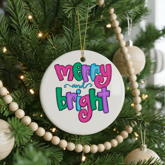 Personalized Merry and Bright Christmas ornament, groovy retro, front view