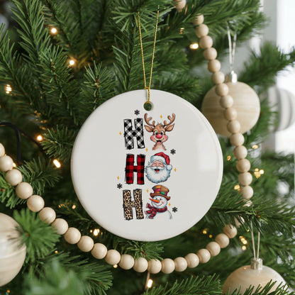 Personalized Ho Ho Ho Christmas ornament, santa reindeer snowman, front view