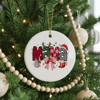 Personalized Mama Christmas ornament, patchwork bow, front view