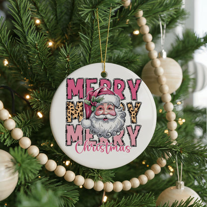 Personalized Santa Christmas ornament, merry merry merry, front view