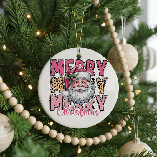 Personalized Santa Christmas ornament, merry merry merry, front view