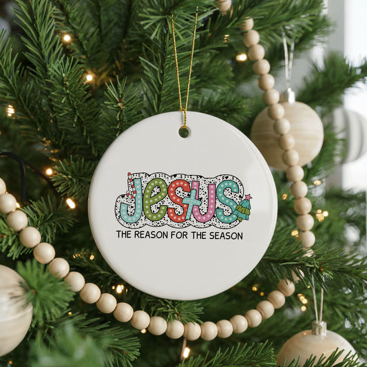 Personalized Jesus Is the Reason Ornament, religious christmas, front view