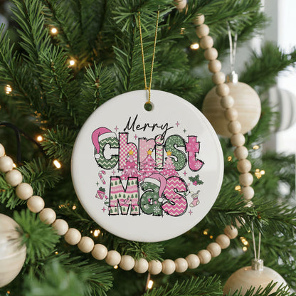 Personalized Merry Christmas ornament, pink and green patterns, front view