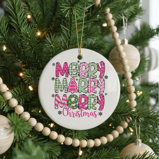 Personalized Merry Merry Merry Christmas ornament, patterned, front view