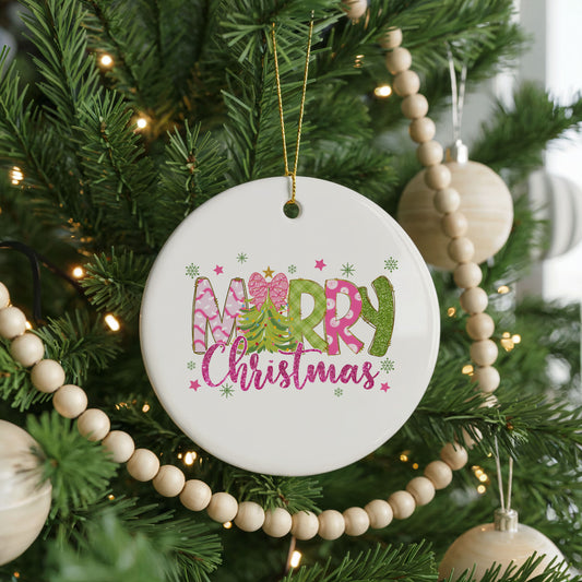 Personalized Merry Christmas ornament, candy stripe floral, front view