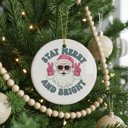 Personalized Santa Christmas ornament, stay merry and bright, front view