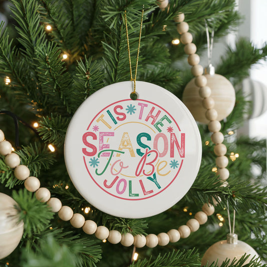 Personalized Tis the Season to Be Jolly Ornament, pastel, front view