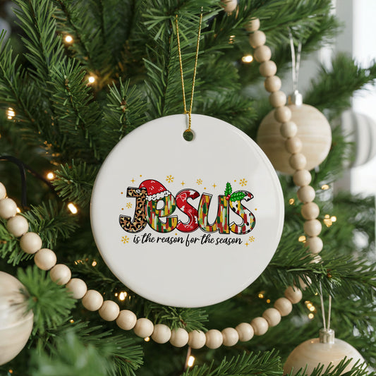 Personalized Jesus Is the Reason Ornament, patterned lettering, front view