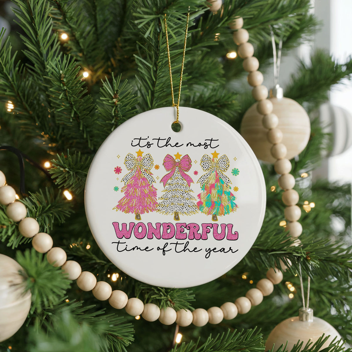 Personalized Most Wonderful Time Christmas ornament, gifts and trees, front view