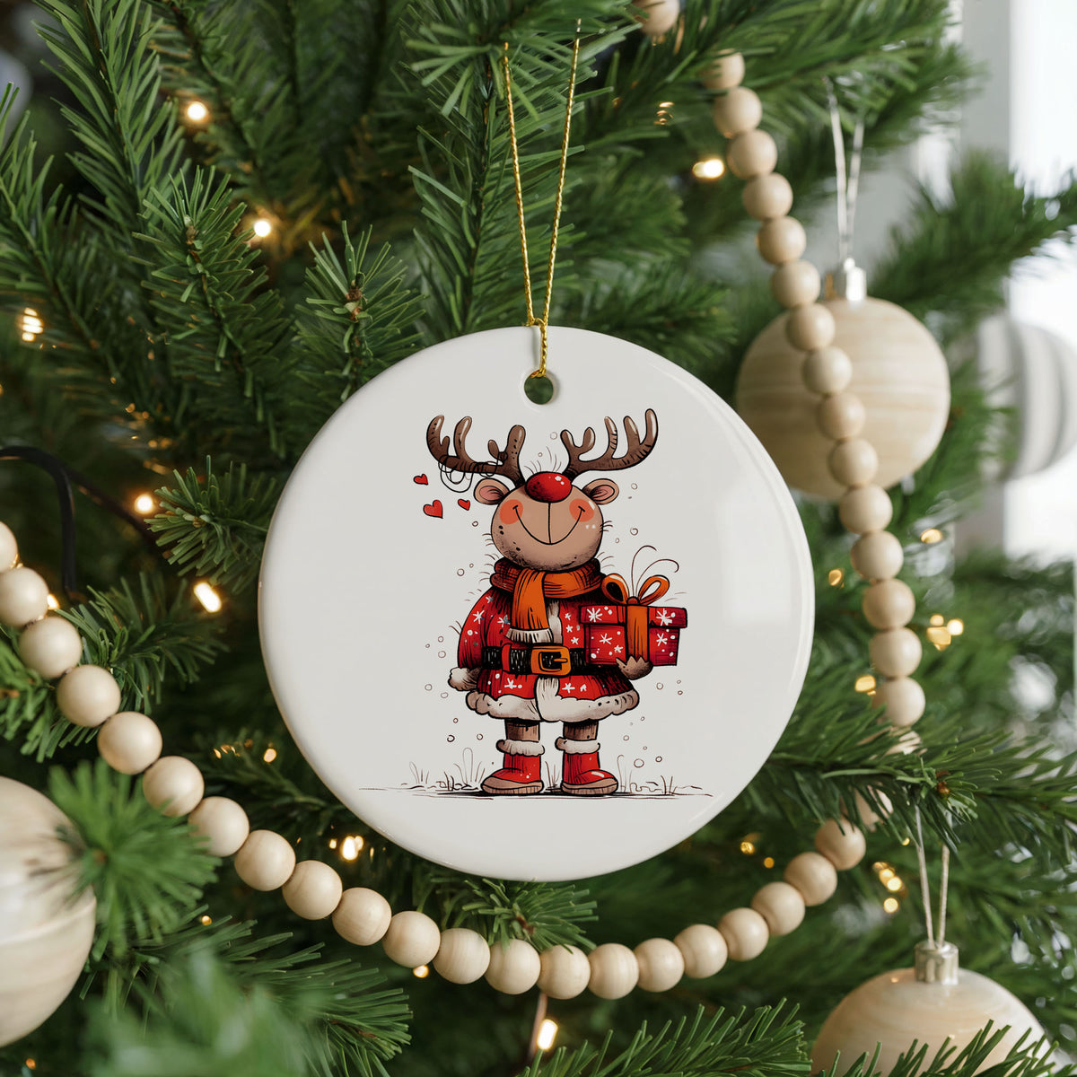 Personalized Reindeer Christmas ornament, santa suit and gifts, front view