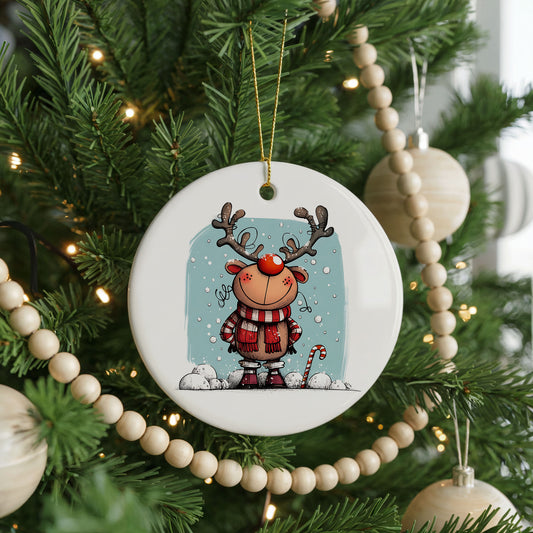 Personalized Reindeer Christmas ornament, red plaid and snow, front view