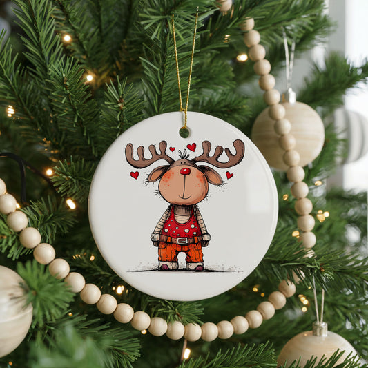 Personalized Reindeer Girl Christmas ornament, red dress, front view