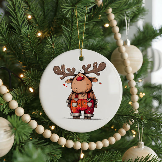 Personalized Reindeer Christmas ornament, red plaid overalls, front view