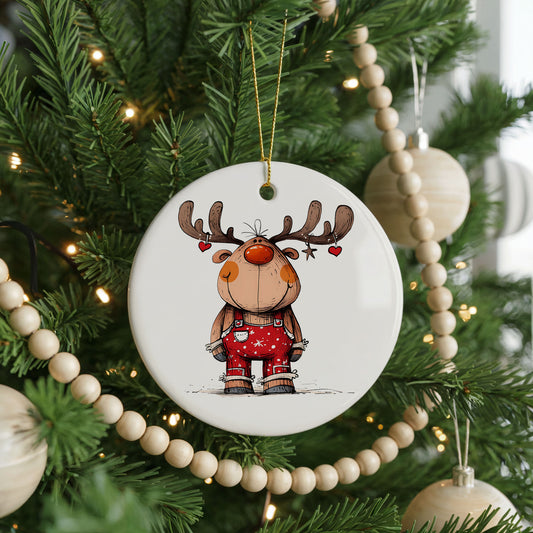 Personalized Reindeer Christmas ornament, red plaid sweater, front view