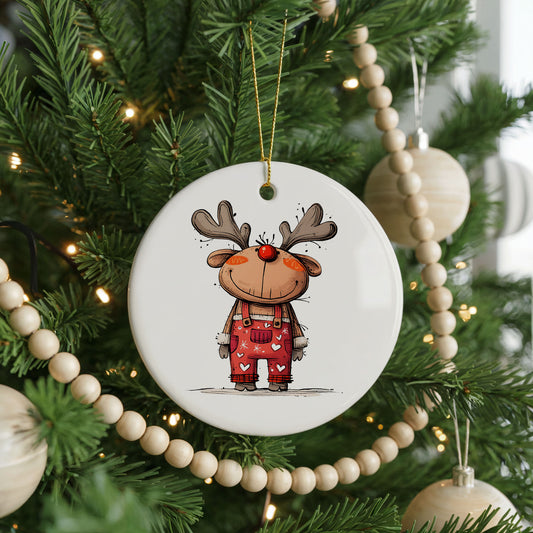Personalized Reindeer Christmas ornament, red plaid outfit, front view