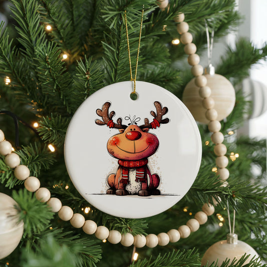 Personalized Reindeer Christmas ornament, red and black outfit, front view
