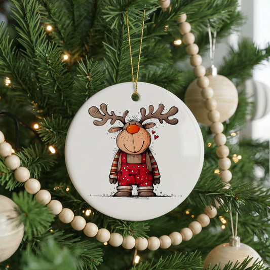 Personalized Reindeer Girl Christmas ornament, red plaid dress, front view