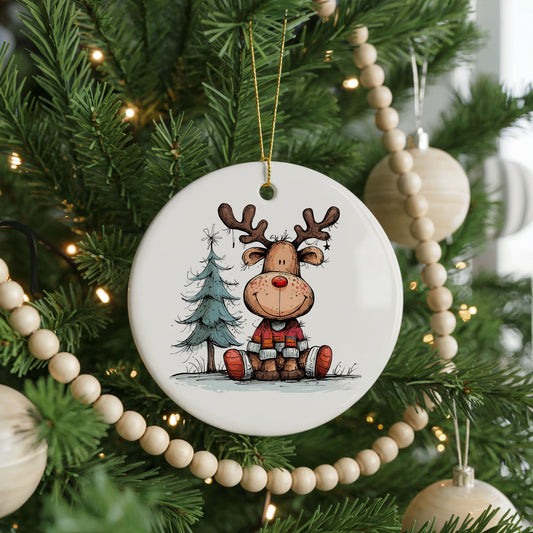 Personalized Reindeer Christmas ornament, pine trees and gift, front view