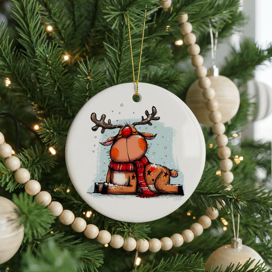 Santa and Reindeer with Gift Sack ceramic Christmas ornament, front view