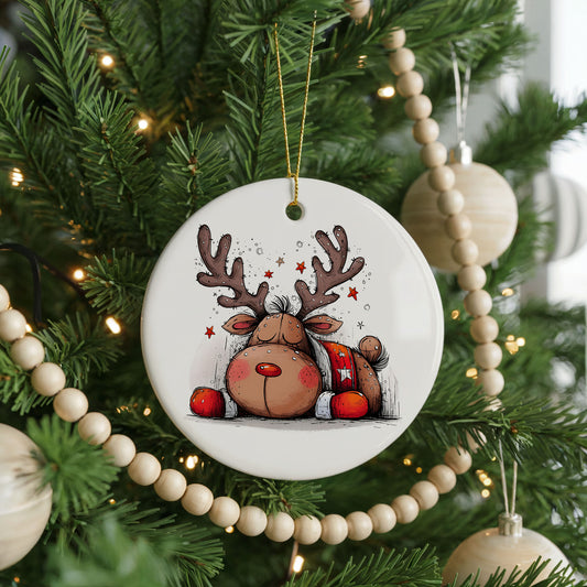 Cute Reindeer with Red Gift Bag ceramic Christmas ornament, front view