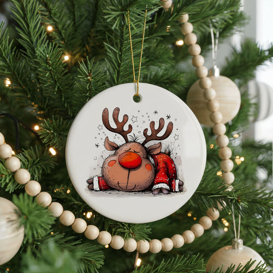 Sleeping Reindeer in Red Scarf ceramic Christmas ornament, front view