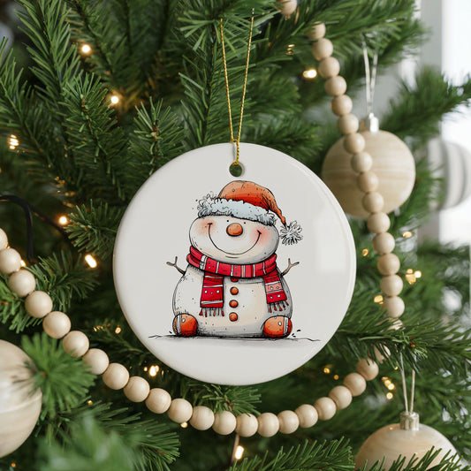 Cheerful Snowman in Santa Hat ceramic Christmas ornament, front view