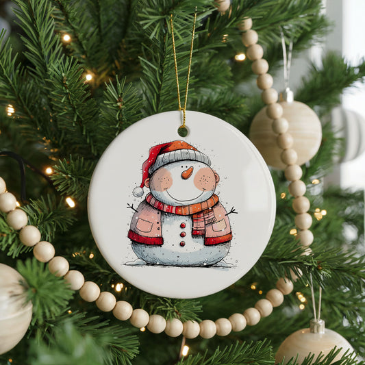Snowman Couple in Red Santa Hats ceramic Christmas ornament, front view