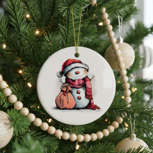 Snowman with Pink Gift Sack ceramic Christmas ornament, front view