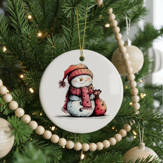 Snowman in Red Scarf with Gift ceramic Christmas ornament, front view