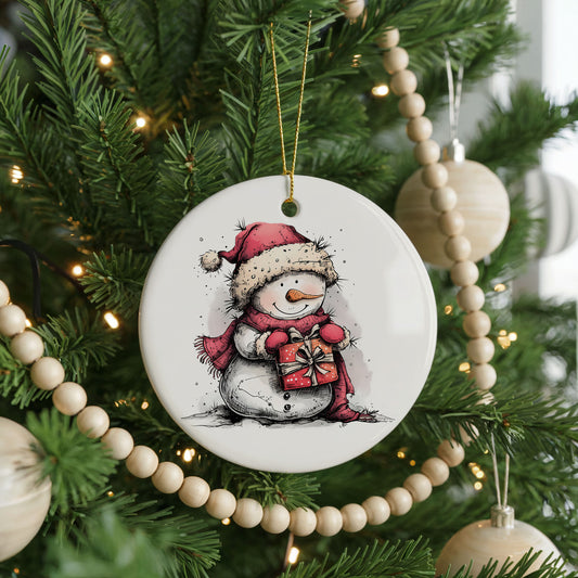 Snowman Holding a Christmas Heart ceramic Christmas ornament, front view