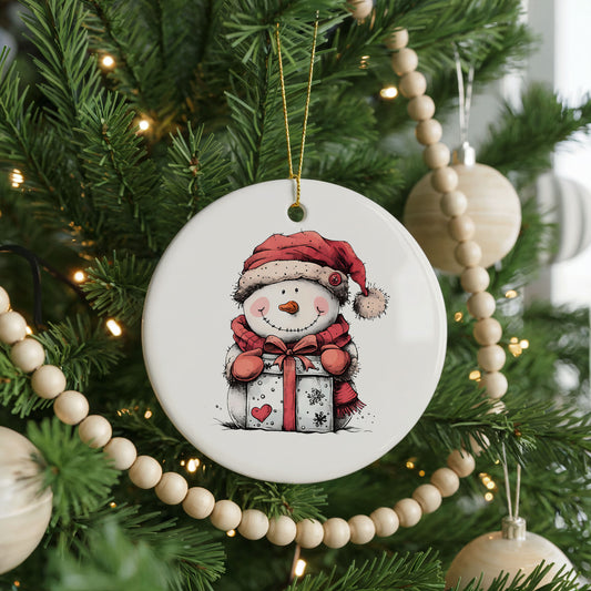 Snowman with Wrapped Christmas Gift ceramic Christmas ornament, front view