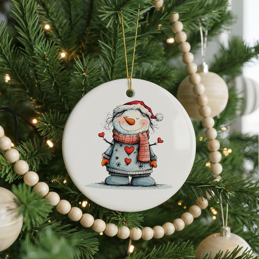 Snowman in Gray Coat and Red Scarf ceramic Christmas ornament, front view