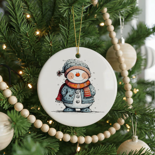 Smiling Snowman in Blue Winter Hat ceramic Christmas ornament, front view