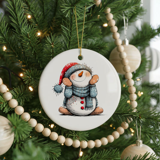 Personalized Snowman Christmas ornament, blue hat and scarf, front view