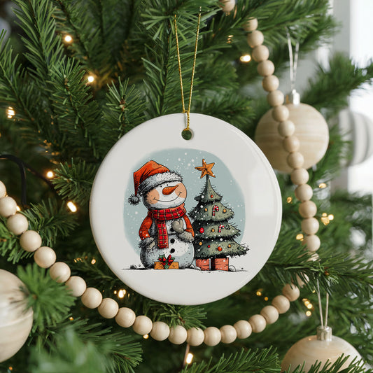 Snowman Beside a Christmas Tree ceramic Christmas ornament, front view
