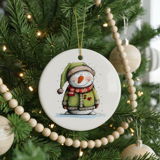 Snowman in Green Hooded Coat ceramic Christmas ornament, front view
