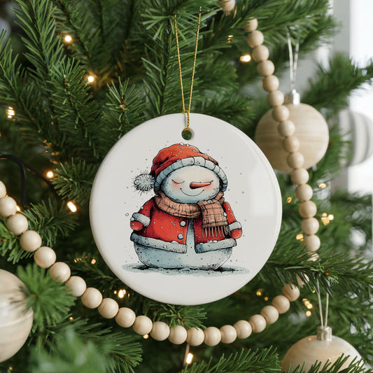 Cozy Snowman in Red Winter Coat ceramic Christmas ornament, front view