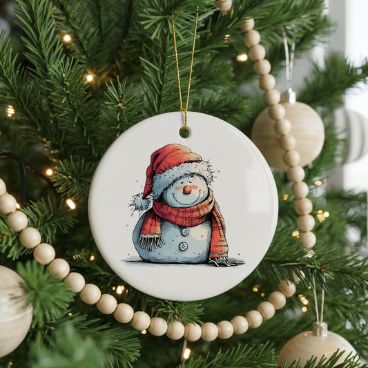 Snowman in Red Hat and Gray Coat ceramic Christmas ornament, front view