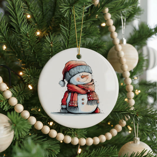 Snowman in Red Jacket and Santa Hat ceramic Christmas ornament, front view
