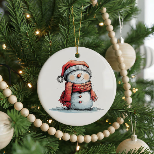 Snowman in Red Scarf and Santa Hat ceramic Christmas ornament, front view