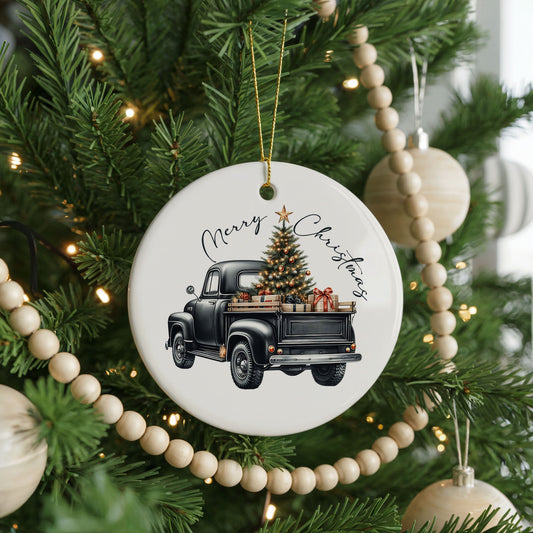 Personalized Christmas Tree Truck Ornament, vintage farmhouse, front view