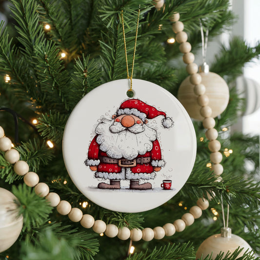 Santa with Christmas Presents ceramic Christmas ornament, front view