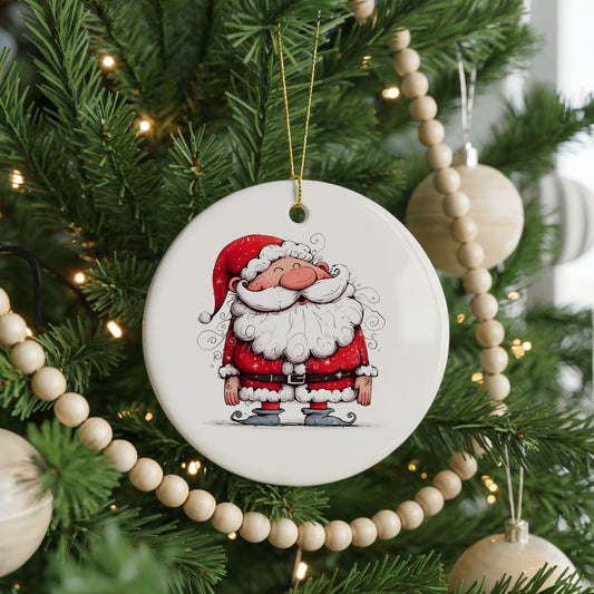 Jolly Santa Holding a Christmas Gift ceramic Christmas ornament, front view