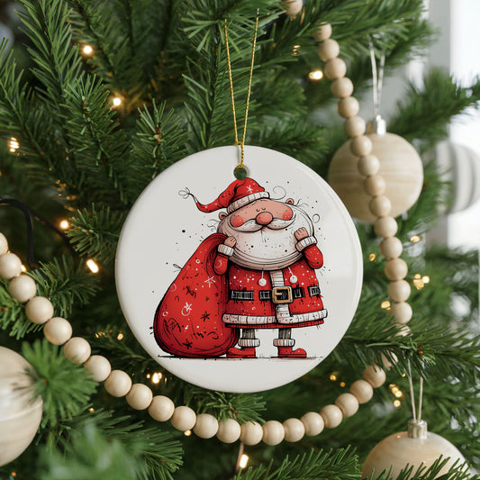 Santa Carrying a Large Red Sack ceramic Christmas ornament, front view
