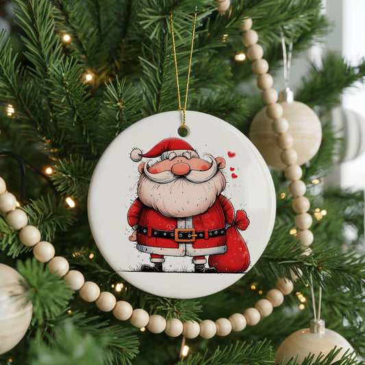 Classic Jolly Santa ceramic Christmas ornament, front view