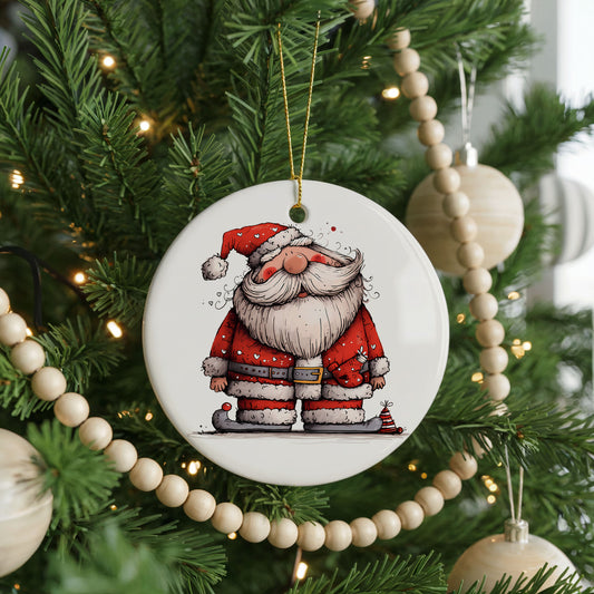 Santa with Lantern and Presents ceramic Christmas ornament, front view